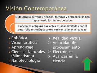 El desarrollo de varias ciencias, técnicas y herramientas han
                  replanteado los limites de la I.A.

    Conceptos antiguos que antes estaban limitados por el
    desarrollo tecnológico ahora vuelven a tener actualidad.


 Robótica            Realidad Virtual
 Visión artificial   Velocidad de
 Aprendizaje          procesamiento
 Ciencias Naturales  Electrónica
  (Mimetismo)         Avances en la
 Nanotecnología       ciencia
 