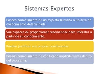 Poseen conocimiento de un experto humano o un área de
conocimiento determinada.

Son capaces de proporcionar recomendaciones inferidas a
partir de su conocimiento.


Pueden justificar sus propias conclusiones.


Poseen conocimiento no codificado implícitamente dentro
del programa.
 