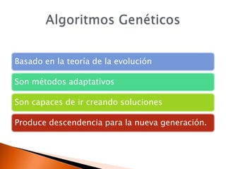 Basado en la teoría de la evolución

Son métodos adaptativos

Son capaces de ir creando soluciones

Produce descendencia para la nueva generación.
 