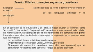 Enseñar Plástica: conceptos, supuestos y cuestiones.
Expresión significado que se le da al término y su sentido en
el marco
de los lenguajes artísticos y la
pedagogía.
En el contexto de la educación y el arte, al hacer alusión a términos como
“expresión”, “expresivo”, “expresividad”, se refiere a una determinada calidad
de manifestación, caracterizada por la intencionalidad de comunicación, poner
fuera de sí, una idea, sentimiento o concepto. La expresión es un proceso en el
que intervienen:
• La necesidad, deseo, o la intención de expresar.
• Organización para expresar (¿qué?, ¿cómo?, ¿por qué?)
• El empleo de elementos (sensibles, materiales, conceptuales,) que se
consideren necesarios para concretar lo que se quiere expresar.
 