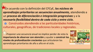 En acuerdo con la definición del CFCyE, los núcleos de
aprendizajes prioritarios se secuencian anualmente, atendiendo a
un proceso de diferenciación e integración progresivas y a la
necesaria flexibilidad dentro de cada ciclo y entre ciclo.
Construidos atendiendo a las particularidades históricas,
culturales, geográficas, de tradiciones locales y regionales.
Proponer una secuencia anual no implica perder de vista la
importancia de observar con atención y ayudar a construir los
niveles de profundización crecientes que articularan los
aprendizajes prioritarios de año a año en el ciclo.
 