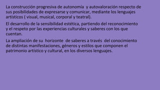 La construcción progresiva de autonomía y autovaloración respecto de
sus posibilidades de expresarse y comunicar, mediante los lenguajes
artísticos ( visual, musical, corporal y teatral).
El desarrollo de la sensibilidad estética, partiendo del reconocimiento
y el respeto por las experiencias culturales y saberes con los que
cuentan.
La ampliación de su horizonte de saberes a través del conocimiento
de distintas manifestaciones, géneros y estilos que componen el
patrimonio artístico y cultural, en los diversos lenguajes.
 