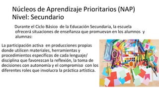 Núcleos de Aprendizaje Prioritarios (NAP)
Nivel: Secundario
Durante el Ciclo Básico de la Educación Secundaria, la escuela
ofrecerá situaciones de enseñanza que promuevan en los alumnos y
alumnas:
La participación activa en producciones propias
donde utilicen materiales, herramientas y
procedimientos específicos de cada lenguaje/
disciplina que favorezcan la reflexión, la toma de
decisiones con autonomía y el compromiso con los
diferentes roles que involucra la práctica artística.
 