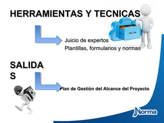 HERRAMIENTAS Y TECNICASHERRAMIENTAS Y TECNICAS
Juicio de expertosJuicio de expertos
Plantillas, formularios y normasPlantillas, formularios y normas
SALIDASALIDA
SS
Plan de Gestión del Alcance del ProyectoPlan de Gestión del Alcance del Proyecto
 