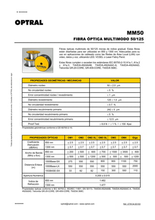 .......
OPTRAL
...... optral@optral.com - www.optral.com Ref.: ETW.04.001/03
Todaslasespecificacionessujetasacambiosinprevioaviso.ConsultaraOPTRALlasedicionesenvigor.
MM50
FIBRA ÓPTICA MULTIMODO 50/125
PROPIEDADES GEOMÉTRICAS / MECÁNICAS VALOR
Diámetro núcleo 50 ± 2.0 µm
No circularidad núcleo ≤ 5 %
Error concentricidad núcleo / revestimiento ≤ 1 µm
Diámetro revestimiento 125 ± 1.0 µm
No circularidad revestimiento ≤ 0.7 %
Diámetro recubrimiento primario 242 ± 5 µm
No circularidad recubrimiento primario ≤ 5 %
Error concentricidad recubrimiento primario ≤ 12.5 µm
Proof Test ≥ 8.8 N / ≥ 1 % / ≥ 100 Kpsi
Propiedades geométricas conforme a CEI 60793-2-10.
PROPIEDADES ÓPTICAS OM1 OM2 OM2 XL OM3 SL OM3 OM4 Giga
Coeficiente
Atenuación
(dB/Km)
850 nm < 2.5 < 2.5 < 2.5 < 2.5 < 2.5 < 2.5 < 2.5
1300 nm < 0.7 < 0.7 < 0.7 < 0.7 < 0.7 < 0.7 < 0.7
Ancho de Banda
(MHz x Km)
850 nm > 200 > 500 > 600 > 700 > 1500 > 3500 > 600
1300 nm > 500 > 500 > 1200 > 500 > 500 > 500 > 1200
Distancia Enlace
(m)
1000Base-SX 275 550 550 800 900 1100 750
1000Base-LX 550 550 550 550 550 550 2000
10GBASE-SX 33 82 82 150 300 550 110
Apertura Numérica 0.200 ± 0.015
Índice de
Refracción
850 nm 1.482
1300 nm 1.477
Propiedades ópticas conforme a IEC 60793-2, ISO/IEC 11801, EN 50173, TIA/EIA-492AAAB, TIA/EIA-492AAAC-A, TIA/EIA-
492AAAD, Telcordia GR-20-CORE, GR-409-CORE, TIA/EIA 568C.
Fibras ópticas multimodo de 50/125 micras de índice gradual. Estas fibras
están diseñadas para ser utilizadas en 850 y 1300 nm. Adecuadas para su
uso en aplicaciones de cableado como las Redes de Área Local (LAN) con
video, datos y voz, utilizando LED, VCSEL o Laser Fabry Perot.
Estas fibras cumplen o exceden los estándares IEC 60793-2-10 A1a.1, A1a.2
y A1a.3, TIA/EIA-492AAAB, TIA/EIA-492AAAC-A, TIA/EIA-492AAAD,
Telcordia GR-20-CORE, GR-409-CORE, TIA/EIA 568C.
 