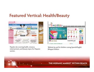 Popular site covering health, romance,          Website by and for Mothers raising Spanish/English
entertainment, and beauty topics for Hispanic   Bilingual children
women.




                                                 THE HISPANIC MARKET WITHIN REACH
 