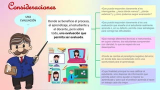Consideraciones
•Donde se cambie el paradigma negativo del error,
en donde éste sea considerado como una
oportunidad para el aprendizaje.
•Que maneje diferentes técnicas e instrumentos,
en cuyos criterios, los estudiantes comprenden
con claridad, lo que se espera de sus
desempeños.
•Que pueda responder claramente a los una
evaluación que enseñe si el estudiante realmente
aprende o, en su defecto, permita crear estrategias
para corregir las dificultades
•Que pueda responder claramente a los
interrogantes: ¿hacia dónde vamos?, ¿dónde
estamos? y ¿cómo podemos seguir avanzando?
•Cuya finalidad principal no sea calificar al
estudiante, sino disponer de información que
permita saber cómo ayudar a mejorar su
aprendizaje y para que el profesor aprenda a hacer
un trabajo cada día mejor.
Donde se beneficie el proceso,
el aprendizaje, el estudiante y
el docente, pero sobre
todo, una evaluación que
permita ser evaluada.
UNA
EVALUACIÓN
…
 