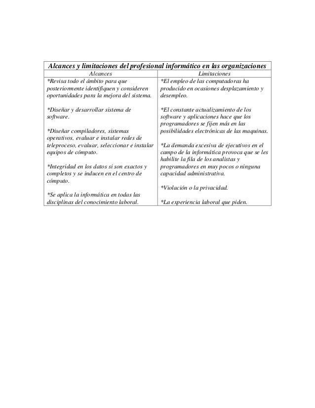 Alcances y limitaciones del profesional informático en las