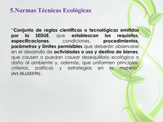 5.Normas Técnicas Ecológicas
“Conjunto de reglas científicas o tecnológicas emitidas
por la SEDUE, que establezcan los requisitos,
especificaciones, condiciones, procedimientos,
parámetros y límites permisibles que deberán observarse
en el desarrollo de actividades o uso y destino de bienes,
que causen o puedan causar desequilibrio ecológico o
daño al ambiente y, además, que uniformen principios,
criterios, políticas y estrategias en la materia”
(Art.36,LGEEPA) .
 