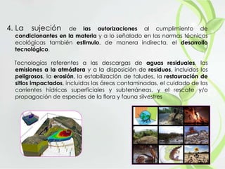 4. La sujeción de las autorizaciones al cumplimiento de
condicionantes en la materia y a lo señalado en las normas técnicas
ecológicas también estimulo, de manera indirecta, el desarrollo
tecnológico.
Tecnologías referentes a las descargas de aguas residuales, las
emisiones a la atmósfera y a la disposición de residuos, incluidos los
peligrosos, la erosión, la estabilización de taludes, la restauración de
sitios impactados, incluidas las áreas contaminadas, el cuidado de las
corrientes hídricas superficiales y subterráneas, y el rescate y/o
propagación de especies de la flora y fauna silvestres
 
