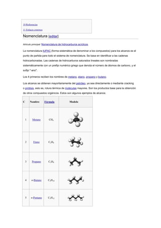10 Referencias
11 Enlaces externos
Nomenclatura [editar]
Artículo principal: Nomenclatura de hidrocarburos acíclicos.
La nomenclatura IUPAC (forma sistemática de denominar a los compuestos) para los alcanos es el
punto de partida para todo el sistema de nomenclatura. Se basa en identificar a las cadenas
hidrocarbonadas. Las cadenas de hidrocarburos saturados lineales son nombradas
sistemáticamente con un prefijo numérico griego que denota el número de átomos de carbono, y el
sufijo "-ano".
Los 4 primeros reciben los nombres de metano, etano, propano y butano.
Los alcanos se obtienen mayoritariamente del petróleo, ya sea directamente o mediante cracking
o pirólisis, esto es, rotura térmica de moléculas mayores. Son los productos base para la obtención
de otros compuestos orgánicos. Estos son algunos ejemplos de alcanos:
C Nombre Fórmula Modelo
1 Metano CH4
2 Etano C2H6
3 Propano C3H8
4 n-Butano C4H10
5 n-Pentano C5H12
 
