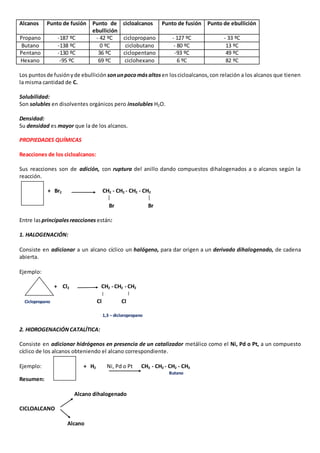 Alcanos Punto de fusión Punto de 
ebullición 
cicloalcanos Punto de fusión Punto de ebullición 
Propano -187 ºC - 42 ºC ciclopropano - 127 ºC - 33 ºC 
Butano -138 ºC 0 ºC ciclobutano - 80 ºC 13 ºC 
Pentano -130 ºC 36 ºC ciclopentano -93 ºC 49 ºC 
Hexano -95 ºC 69 ºC ciclohexano 6 ºC 82 ºC 
Los puntos de fusión y de ebullición son un poco más altos en los cicloalcanos, con relación a los alcanos que tienen 
la misma cantidad de C. 
Solubilidad: 
Son solubles en disolventes orgánicos pero insolubles H2O. 
Densidad: 
Su densidad es mayor que la de los alcanos. 
PROPIEDADES QUÍMICAS 
Reacciones de los cicloalcanos: 
Sus reacciones son de adición, con ruptura del anillo dando compuestos dihalogenados a o alcanos según la 
reacción. 
+ Br2 CH2 - CH2 - CH2 - CH2 
Br Br 
Entre las principales reacciones están: 
1. HALOGENACIÓN: 
Consiste en adicionar a un alcano cíclico un halógeno, para dar origen a un derivado dihalogenado, de cadena 
abierta. 
Ejemplo: 
+ Cl2 CH2 - CH2 - CH2 
Ciclopropano Cl Cl 
1,3 – dicloropropano 
2. HIDROGENACIÓN CATALÍTICA: 
Consiste en adicionar hidrógenos en presencia de un catalizador metálico como el Ni, Pd o Pt, a un compuesto 
cíclico de los alcanos obteniendo el alcano correspondiente. 
Ejemplo: + H2 Ni, Pd o Pt CH3 - CH2 - CH2 - CH3 
Butano 
Resumen: 
Alcano dihalogenado 
CICLOALCANO 
Alcano 
 