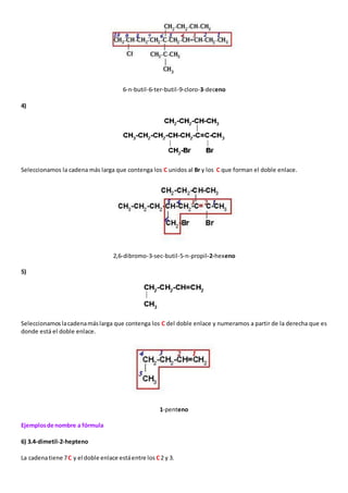 6-n-butil-6-ter-butil-9-cloro-3-deceno 
4) 
Seleccionamos la cadena más larga que contenga los C unidos al Br y los C que forman el doble enlace. 
2,6-dibromo-3-sec-butil-5-n-propil-2-hexeno 
5) 
Seleccionamos la cadena más larga que contenga los C del doble enlace y numeramos a partir de la derecha que es 
donde está el doble enlace. 
1-penteno 
Ejemplos de nombre a fórmula 
6) 3.4-dimetil-2-hepteno 
La cadena tiene 7 C y el doble enlace está entre los C 2 y 3. 
 
