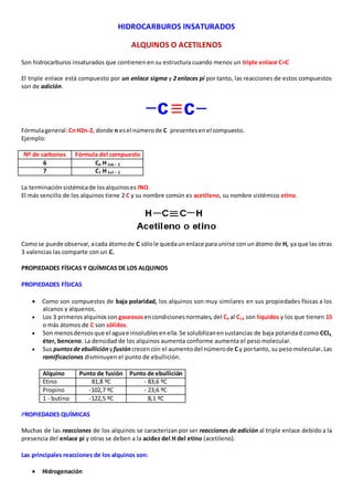 HIDROCARBUROS INSATURADOS 
ALQUINOS O ACETILENOS 
Son hidrocarburos insaturados que contienen en su estructura cuando menos un triple enlace C=C 
El triple enlace está compuesto por un enlace sigma y 2 enlaces pi por tanto, las reacciones de estos compuestos 
son de adición. 
Fórmula general: Cn H2n-2, donde n es el número de C presentes en el compuesto. 
Ejemplo: 
Nº de carbonos Fórmula del compuesto 
6 C6 H 2x6 – 2 
7 C7 H 2x7 – 2 
La terminación sistémica de los alquinos es INO. 
El más sencillo de los alquinos tiene 2 C y su nombre común es acetileno, su nombre sistémico etino. 
Como se puede observar, a cada átomo de C sólo le queda un enlace para unirse con un átomo de H, ya que las otras 
3 valencias las comparte con un C. 
PROPIEDADES FÍSICAS Y QUÍMICAS DE LOS ALQUINOS 
PROPIEDADES FÍSICAS 
 Como son compuestos de baja polaridad, los alquinos son muy similares en sus propiedades físicas a los 
alcanos y alquenos. 
 Los 3 primeros alquinos son gaseosos en condiciones normales, del C5 al C14 son líquidos y los que tienen 15 
o más átomos de C son sólidos. 
 Son menos densos que el agua e insolubles en ella. Se solubilizan en sustancias de baja polaridad como CCl4, 
éter, benceno. La densidad de los alquinos aumenta conforme aumenta el peso molecular. 
 Sus puntos de ebullición y fusión crecen con el aumento del número de C y por tanto, su peso molecular. Las 
ramificaciones disminuyen el punto de ebullición. 
Alquino Punto de fusión Punto de ebullición 
Etino 81,8 ºC - 83,6 ºC 
Propino -102,7 ºC - 23,6 ºC 
1 - butino -122,5 ºC 8,1 ºC 
PROPIEDADES QUÍMICAS 
Muchas de las reacciones de los alquinos se caracterizan por ser reacciones de adición al triple enlace debido a la 
presencia del enlace pi y otras se deben a la acidez del H del etino (acetileno). 
Las principales reacciones de los alquinos son: 
 Hidrogenación 
 