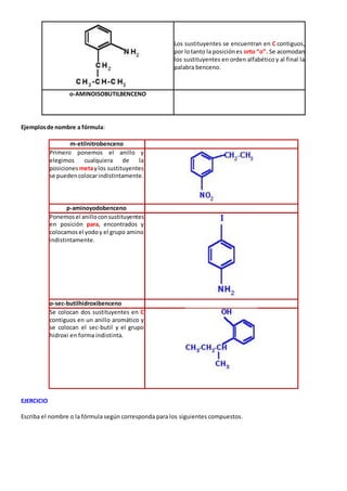 Los sustituyentes se encuentran en C contiguos, 
por lo tanto la posición es orto “o”. Se acomodan 
los sustituyentes en orden alfabético y al final la 
palabra benceno. 
o-AMINOISOBUTILBENCENO 
Ejemplos de nombre a fórmula: 
m-etilnitrobenceno 
Primero ponemos el anillo y 
elegimos cualquiera de la 
posiciones meta y los sustituyentes 
se pueden colocar indistintamente. 
p-aminoyodobenceno 
Ponemos el anillo con sustituyentes 
en posición para, encontrados y 
colocamos el yodo y el grupo amino 
indistintamente. 
o-sec-butilhidroxibenceno 
Se colocan dos sustituyentes en C 
contiguos en un anillo aromático y 
se colocan el sec-butil y el grupo 
hidroxi en forma indistinta. 
EJERCICIO 
Escriba el nombre o la fórmula según corresponda para los siguientes compuestos. 
 