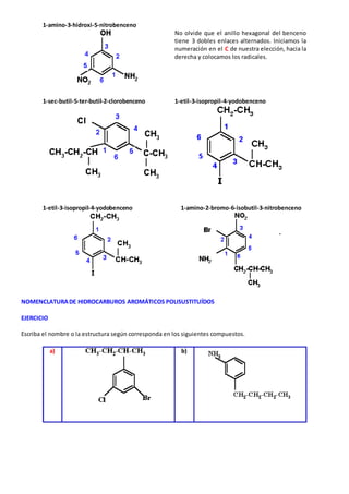 1-amino-3-hidroxi-5-nitrobenceno 
No olvide que el anillo hexagonal del benceno 
tiene 3 dobles enlaces alternados. Iniciamos la 
numeración en el C de nuestra elección, hacia la 
derecha y colocamos los radicales. 
1-sec-butil-5-ter-butil-2-clorobenceno 1-etil-3-isopropil-4-yodobenceno 
1-etil-3-isopropil-4-yodobenceno 
1-amino-2-bromo-6-isobutil-3-nitrobenceno 
NOMENCLATURA DE HIDROCARBUROS AROMÁTICOS POLISUSTITUÍDOS 
EJERCICIO 
Escriba el nombre o la estructura según corresponda en los siguientes compuestos. 
a) 
b) 
 