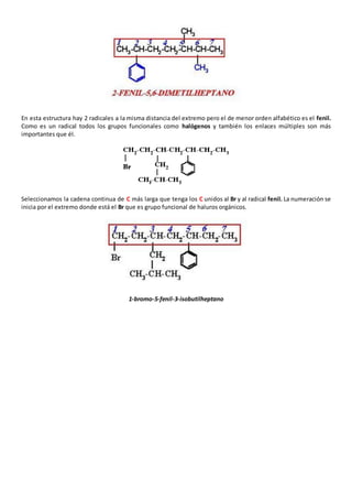 En esta estructura hay 2 radicales a la misma distancia del extremo pero el de menor orden alfabético es el fenil. 
Como es un radical todos los grupos funcionales como halógenos y también los enlaces múltiples son más 
importantes que él. 
Seleccionamos la cadena continua de C más larga que tenga los C unidos al Br y al radical fenil. La numeración se 
inicia por el extremo donde está el Br que es grupo funcional de haluros orgánicos. 
1-bromo-5-fenil-3-isobutilheptano 
 