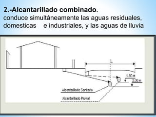2.-Alcantarillado combinado.
conduce simultáneamente las aguas residuales,
domesticas e industriales, y las aguas de lluvia
 