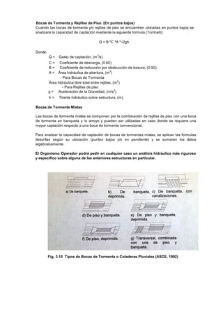 Bocas de Tormenta y Rejillas de Piso. (En puntos bajos)
Cuando las bocas de tormenta y/o rejillas de piso se encuentren ubicadas en puntos bajos se
analizara la capacidad de captación mediante la siguiente formula (Torricelli):
Q = B *C *A * 2gh
Donde:
Q = Gasto de captación, (m3
/s)
C = Coeficiente de descarga, (0.60)
B = Coeficiente de reducción por obstrucción de basura, (0.50)
A = Área hidráulica de abertura, (m2
)
- Para Bocas de Tormenta
Área hidráulica libre total entre rejillas, (m2
)
- Para Rejillas de piso
g = Aceleración de la Gravedad, (m/s2
)
h = Tirante hidráulico sobre estructura, (m).
Bocas de Tormenta Mixtas
Las bocas de tormenta mixtas se componen por la combinación de rejillas de piso con una boca
de tormenta en banqueta y /o arroyo y pueden ser utilizadas en caso donde se requiera una
mayor captación respecto a una boca de tormenta convencional.
Para analizar la capacidad de captación de bocas de tormentas mixtas, se aplican las formulas
descritas según su ubicación (puntos bajos y/o en pendiente) y se sumaran los datos
algebraicamente.
El Organismo Operador podrá pedir en cualquier caso un análisis hidráulico más riguroso
y especifico sobre alguna de las anteriores estructuras en particular.
Fig. 3.10 Tipos de Bocas de Tormenta o Coladeras Pluviales (ASCE, 1992)
 