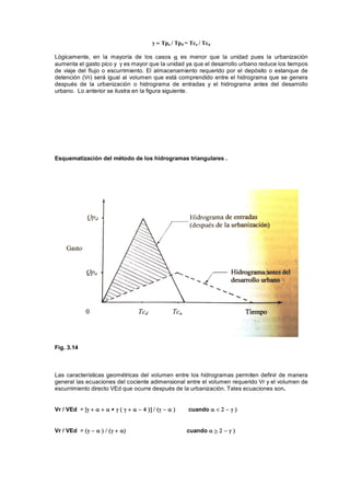 Tpa / Tpd = Tca / Tcd
Lógicamente, en la mayoría de los casos es menor que la unidad pues la urbanización
aumenta el gasto pico y es mayor que la unidad ya que el desarrollo urbano reduce los tiempos
de viaje del flujo o escurrimiento. El almacenamiento requerido por el depósito o estanque de
detención (Vr) será igual al volumen que está comprendido entre el hidrograma que se genera
después de la urbanización o hidrograma de entradas y el hidrograma antes del desarrollo
urbano. Lo anterior se ilustra en la figura siguiente.
Esquematización del método de los hidrogramas triangulares .
Fig. 3.14
Las características geométricas del volumen entre los hidrogramas permiten definir de manera
general las ecuaciones del cociente adimensional entre el volumen requerido Vr y el volumen de
escurrimiento directo VEd que ocurre después de la urbanización. Tales ecuaciones son.
Vr / VEd = [ cuando
Vr / VEd = cuando
 