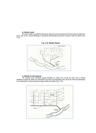 b) Modelo radial.
En este modelo la pendiente del terreno baja del centro del área por drenar hacia los extremos,
por lo que la red pluvial descarga a colectores perimetrales que llevan el agua al sitio de vertido (Fig.
3.18).
Fig. 3.18 Modelo Radial.
c) Modelo de interceptores.
Se emplea para recolectar aguas pluviales en zonas con curvas de nivel más o menos
paralelas; el agua se capta con colectores cuyo trazo es transversal a las curvas de nivel que descargan
a un interceptor o emisor que lleva el agua al sitio de vertido (Fig. 3.19).
 