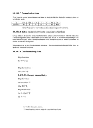 3.6.19.2.7. Curvas horizontales
En el trazo de curvas horizontales en canales, se recomiendan los siguientes radios mínimos en
función del gasto.
Q m3
/s <0.5 1.0 5 10 15 20
Rminimo M 5 10 20 60 80 100
Nota: Para valores intermedios se deberá de interpolar linealmente.
3.6.19.2.8. Sobre elevación del tirante en curvas horizontales
El flujo a través de canales en curvas horizontales origina un incremento en el tirante hidráulico
a todo lo largo de la cara exterior de la curva, razón por la cual es necesario se contemple una
sobre elevación para evitar un desbordamiento. Esta sobre elevación se deberá considerar en
ambos muros del canal pluvial.
Dependiendo de la sección geométrica del canal y del comportamiento hidráulico del flujo, se
tienen las siguientes formulas:
3.6.19.2.9. Canales rectangulares
Flujo Subcritico:
Se=3bV^2/4gr
Flujo Supercritico:
Se=1.2bV^2/gr
3.6.19.2.9. Canales trapezoidales
Flujo Subcritico:
Se=[b+(2kd)]V^2/
(2(gr-2KV^2)
Flujo Supercritico:
Se=[b+(2kd)]V^2/
(gr-2KV^2)
Se= Sobre elevación, metros.
V= Velocidad del flujo en inicio de curva horizontal, m/s.
 