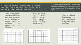 El trazo de atarjeas generalmente se realiza
coincidiendo con el eje longitudinal de cada calle y
de la ubicación de los frentes de los lotes
Trazo en bayoneta:
Se denomina así al
trazo que iniciando
en una cabeza de
atarjea tiene un
desarrollo en
zigzag o en
escalera.
Trazo en peine:
Se forma
cuando existen
varias atarjeas
con tendencia al
paralelismo
Trazo combinado
Corresponde a
una combinación
de los dos trazos
anteriores
El modelo de bayoneta tiene cierta ventaja
sobre otros modelos, en lo que se refiere
al aprovechamiento de la capacidad de las
tuberías.
 