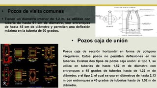  Tienen un diámetro interior de 1.2 m, se utilizan con
tubería de hasta 61 cm de diámetro, con entronques
de hasta 45 cm de diámetro y permiten una deflexión
máxima en la tubería de 90 grados.
• Pozos de visita comunes
• Pozos caja de unión
Pozos caja de sección horizontal en forma de polígono
irregulares. Estos pozos no permiten deflexiones en las
tuberías. Existen dos tipos de pozos caja unión: el tipo 1, se
utiliza en tuberías de hasta 1.52 m de diámetro con
entronques a 45 grados de tuberías hasta de 1.22 m de
diámetro; y el tipo 2, el cual se usa en diámetros de hasta 2.13
m con entronques a 45 grados de tuberías hasta de 1.52 m de
diámetro.
 