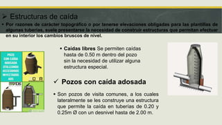  Estructuras de caída
 Por razones de carácter topográfico o por tenerse elevaciones obligadas para las plantillas de
algunas tuberías, suele presentarse la necesidad de construir estructuras que permitan efectuar
en su interior los cambios bruscos de nivel.
 Caídas libres Se permiten caídas
hasta de 0.50 m dentro del pozo
sin la necesidad de utilizar alguna
estructura especial.
 Son pozos de visita comunes, a los cuales
lateralmente se les construye una estructura
que permite la caída en tuberías de 0.20 y
0.25m Ø con un desnivel hasta de 2.00 m.
 Pozos con caída adosada
 