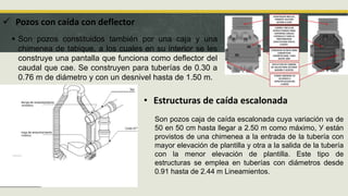  Son pozos constituidos también por una caja y una
chimenea de tabique, a los cuales en su interior se les
construye una pantalla que funciona como deflector del
caudal que cae. Se construyen para tuberías de 0.30 a
0.76 m de diámetro y con un desnivel hasta de 1.50 m.
 Pozos con caída con deflector
Son pozos caja de caída escalonada cuya variación va de
50 en 50 cm hasta llegar a 2.50 m como máximo, У están
provistos de una chimenea a la entrada de la tubería con
mayor elevación de plantilla y otra a la salida de la tubería
con la menor elevación de plantilla. Este tipo de
estructuras se emplea en tuberías con diámetros desde
0.91 hasta de 2.44 m Lineamientos.
• Estructuras de caída escalonada
 