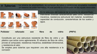  Tuberías La tubería de alcantarillado se compone de tubos y conexiones acoplados mediante
un sistema de unión hermético, el cual permite la conducción de las aguas residuales.
En la selección del material de la tubería de alcantarillado,
intervienen diversas características tales como: resistencia
mecánica, resistencia estructural del material, durabilidad,
capacidad de conducción, características de los suelos y
agua.
Constituido por una estructura resistente de fibra de vidrio y un
plástico que actúa como aglomerante. El refuerzo de fibra de vidrio,
provee al compuesto: resistencia mecánica, estabilidad dimensional,
y resistencia al calor.
Se emplea para tuberías que requieren una alta resistencia a la
corrosión
Poliéster reforzado con fibra de vidrio (PRFV)
 
