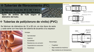  Tuberías de fibrocemento (FC)
Se fabrican clases B6, B7.5, B9 Y B12.5
y cada una de ellas para dos diferentes
tipos de anillos de hule según el
diámetro del tubo.
 Tuberías de poli(cloruro de vinilo) (PVC)
Se fabrican de diámetros de 10 a 60 cm, en dos tipos de serie
y cada serie con tres tipos de tubería de acuerdo a su espesor
Ventajas
- Hermeticidad
- Ligereza
- Durabilidad
- Resistencia a la corrosión
- Capacidad de conducción
- Flexibilidad
Desventajas
- Fragilidad
- Baja resistencia mecánica
- Baja resistencia al intemperismo
 