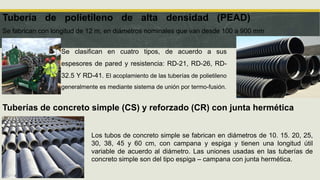 Tubería de polietileno de alta densidad (PEAD)
Se fabrican con longitud de 12 m, en diámetros nominales que van desde 100 a 900 mm
Se clasifican en cuatro tipos, de acuerdo a sus
espesores de pared y resistencia: RD-21, RD-26, RD-
32.5 Y RD-41. El acoplamiento de las tuberías de polietileno
generalmente es mediante sistema de unión por termo-fusión.
Tuberías de concreto simple (CS) y reforzado (CR) con junta hermética
Los tubos de concreto simple se fabrican en diámetros de 10. 15. 20, 25,
30, 38, 45 y 60 cm, con campana y espiga y tienen una longitud útil
variable de acuerdo al diámetro. Las uniones usadas en las tuberías de
concreto simple son del tipo espiga – campana con junta hermética.
 