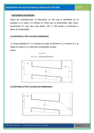 DISEÑODE UNA ALCANTARILLACIRCULAR TIPOTMC 2013
U N P R G - 2 0 1 3 - I H I D R A U L I C A A P L I C A D A Página 12
CRITERIOS DE DISEÑO
Según las investigaciones de laboratorio, se dice que la alcantarilla no se
sumerge si la carga a la entrada es menor que un determinado valor crítico,
denominado H*, cuyo valor varía desde 1.2D, a 1.5D siendo d el diámetro o
altura de la alcantarilla.
ALCANTARILLA TIPO I (SALIDA SUMERGIDA)
La carga hidráulica H*, a la entrada es mayor al diámetro D, y el tirante Yt, a la
salida, es mayor D, en este caso la alcantarilla es llena:
Luego:
𝐻 ∗> 𝐷
𝑌𝑡 > 𝐷 … . 𝐴𝑙𝑐𝑎𝑛𝑡𝑎𝑟𝑖𝑙𝑙𝑎 𝑙𝑙𝑒𝑛𝑎.
ALCANTARILLA TIPO II (SALIDA NO SUMERGIDA).




 
