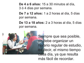 De 4 a 6 años: 15 a 30 minutos al día,
3 ó 4 días por semana.
De 7 a 12 años: 1 a 2 horas al día, 5 días
por semana.
De 13 a 18 años: 2 a 3 horas al día, 5 días
por semana.


             Siempre que sea posible,
             se debe organizar un
             horario regular de estudio,
             es decir, el mismo tiempo
             cada día, ya que resulta
             más fácil de recordar.
 