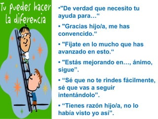 •"De verdad que necesito tu
ayuda para…“
• "Gracias hijo/a, me has
convencido.“
• "Fíjate en lo mucho que has
avanzado en esto.“
• "Estás mejorando en…, ánimo,
sigue”.
• “Sé que no te rindes fácilmente,
sé que vas a seguir
intentándolo”.
• “Tienes razón hijo/a, no lo
había visto yo así”.
 