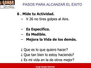 PASOS PARA ALCANZAR EL EXITO

    6 . Mide tu Actividad.
       – V 26 no tires golpes al Aire.

      – Es Especifico.
      – Es Medible.
      – Mejora la Vida de los demás.

      ¿ Que es lo que quiero hacer?
      ¿ Que tan bien lo estoy haciendo?
      ¿ Es mi vida en la de otros mejor?
.
                Jorge Sergio Ramirez
 