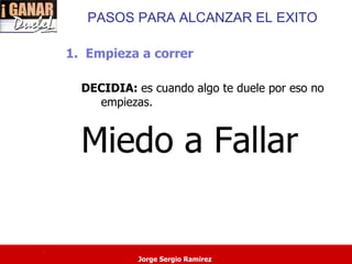 PASOS PARA ALCANZAR EL EXITO

    1. Empieza a correr

      DECIDIA: es cuando algo te duele por eso no
        empiezas.


      Miedo a Fallar

.
                Jorge Sergio Ramirez
 