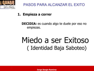 PASOS PARA ALCANZAR EL EXITO

    1. Empieza a correr

      DECIDIA: es cuando algo te duele por eso no
        empiezas.



      Miedo a ser Exitoso
         ( Identidad Baja Saboteo)


.
                Jorge Sergio Ramirez
 