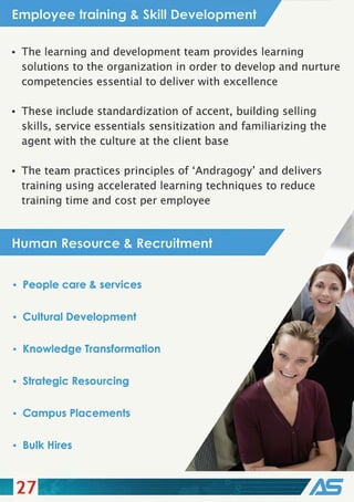 Employee training & Skill Development
• The learning and development team provides learning
solutions to the organization in order to develop and nurture
competencies essential to deliver with excellence
• These include standardization of accent, building selling
skills, service essentials sensitization and familiarizing the
agent with the culture at the client base
• The team practices principles of 'Andragogy' and delivers
training using accelerated learning techniques to reduce
training time and cost per employee
Human Resource & Recruitment
• People care & services
• Cultural Development
• Knowledge Transformation
• Strategic Resourcing
• Campus Placements
• Bulk Hires
27
 