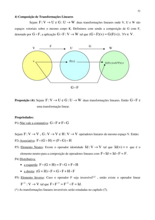 52
4) Composição de Transformações Lineares
Sejam WU:GeUV:F →→ duas transformações lineares onde V, U e W são
espaços vetoriais sobre o mesmo corpo K. Definimos com sendo a composição de G com F,
denotado por FG , a aplicação WV:FG → tal que ))v(F(G)v)(FG( = , Vv ∈∀ .
Proposição (4): Sejam WU:GeUV:F →→ duas transformações lineares. Então FG é
uma transformação linear.
Propriedades:
P1) Não vale a comutativa: GFFG ≠
Sejam VV:HeVV:G,VV:F →→→ operadores lineares do mesmo espaço V. Então:
P2) Associativa: H)GF()HG(F =
P3) Elemento Neutro: Existe o operador identidade VV:Id → tal que v)v(Id = que é o
elemento neutro para a composição de operadores lineares com FFIdIdF == .
P4) Distributiva:
• a esquerda: HFGF)HG(F +=+
• a direita: FHFGF)HG( +=+
P5) Elemento Inverso: Caso o operador F seja inversível(
*)
, então existe o operador linear
VV:F 1
→−
tal que IdFFFF 11
== −−
.
(*) As transformações lineares inversíveis serão estudadas no capítulo (7).
FG
GF
U WV
v F(v) G(F(v))=(G°F)(v)
 