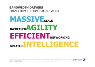 MASSIVESCALE
BANDWIDTH DRIVERS
TRANSFORM THE OPTICAL NETWORK
INCREASEDAGILITY
EFFICIENT
7
COPYRIGHT © 2013 ALCATEL-LUCENT. ALL RIGHTS RESERVED.
GREATERINTELLIGENCE
EFFICIENTNETWORKING
 