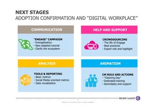 NEXT STAGES
ADOPTION CONFIRMATION AND “DIGITAL WORKPLACE”

     COMMUNICATION                                                               HELP AND SUPPORT

      “ENGAGE” CAMPAIGN                                                                CROWDSOURCING
      • Evengelization                                                                 • The life of Engage
      • New adapted tutorial                                                           • Best practices
      • Clarify the ecosystem                                                          • Expert role and highlight




         ANALYSIS                                                                     ANIMATION


      TOOLS & REPORTING                                                               CM ROLE AND ACTIONS
      • Basic metrics                                                                 • “Cleaning Day”
      • Social Media oriented metrics                                                 • Dedicated training
      • Data vizualization                                                            • Serendipity and support




                                                       28

                              COPYRIGHT © 2012 ALCATEL-LUCENT. ALL RIGHTS RESERVED.
 