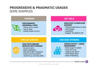 PROGRESSIVE & PRAGMATIC USAGES
SOME EXAMPLES

        PASSION                                                                        GET HELP

      PHOTOGRAPHY                                                                      EMPLOYEE TO EMPLOYEE
      UNIVERSAL TOPIC                                                                  SUPPORT
      • Theme of the month                                                             • CM|Advocates|Users on duty
      • Tips & Ideas                                                                   • Café Engage
      • Amélie Poulain @ ALU!                                                          • Guidebook
                                                                                       • Engage: the platform life



     ENGAGE INSIDE                                                                  SUCCESS STORIES
      FOOJ WITH ENGAGE                                                                 PRODUCTIVITY | IDEAS
      DEVELOP WITH ENGAGE                                                              ENGAGEMENT
      • No governance                                                                  • Email usage re-visited
      • Data visualization                                                             • Think Out Loud
      • Bell labs & R&D integration                                                    • Tagging and search
      • Unique Communications                                                          • Social Media Ninja
        channel (e.g. Earnings Q&A)                                                    • Sales & Marketing



                                                     13

                            COPYRIGHT © 2012 ALCATEL-LUCENT. ALL RIGHTS RESERVED.
 