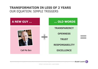 TRANSFORMATION IN LESS OF 2 YEARS
OUR EQUATION: SIMPLE TRIGGERS


 A NEW GUY …                                              … OLD WORDS

                                                           TRANSPARENCY

                                                                    OPENNESS

                                                                           TRUST

                                                         RESPONSABILITY

     Call Me Ben                                                 EXCELLENCE




                                            3

                   COPYRIGHT © 2012 ALCATEL-LUCENT. ALL RIGHTS RESERVED.
 