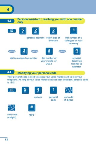 12
4
12
4.3
Personal assistant : reaching you with one number
only
4.4 Modifying your personal code
Your personal code is used to access your voice mailbox and to lock your
telephone. As long as your voice mailbox has not been initialized, personal code
is 1515.
personal assistant select type of
diversion
dial number of a
colleague or your
secretary
dial an outside line number dial number of
your mobile or
DECT
activate/
deactivate
transfer to
operator
options personal
code
old code
(4 digits).
new code
(4 digits)
apply
 