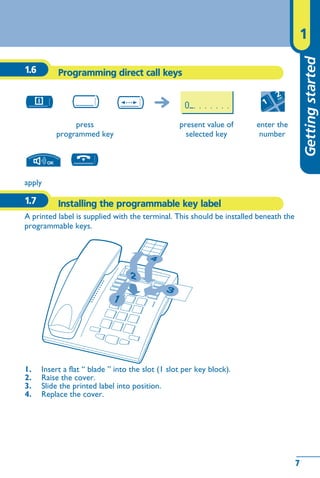 7
Gettingstarted
1
7
Get
1.6 Programming direct call keys
1.7 Installing the programmable key label
A printed label is supplied with the terminal. This should be installed beneath the
programmable keys.
press
programmed key
present value of
selected key
enter the
number
apply
0_. . . . . . .
1. Insert a flat “ blade ” into the slot (1 slot per key block).
2. Raise the cover.
3. Slide the printed label into position.
4. Replace the cover.
 