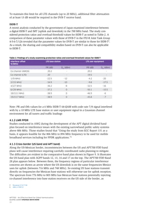 APT700 – An Effective Band for Global Harmonization
ALCATEL-LUCENT STRATEGIC WHITE PAPER
11
To maintain this limit for all LTE channels (up to 20 MHz), additional filter attenuation
of at least 13 dB would be required in the DVB-T receive band.
ISDB-T
A recent analysis conducted by the government of Japan examined interference between
a digital ISDB-T and IMT (uplink and downlink) in the 700 MHz band. The study con-
sidered protection ratios and overload threshold values for ISDB-T as noted in Table 2. A
comparison of these parameter values with those of DVB-T in the ITU-R Joint Task Group
4-5-6-7/126 revealed that the parameter values for DVB-T are similar to those for ISDB-T3
.
As a result, the sharing and compatibility studies based on DVB-T can also be applicable
to ISDB-T.
Table 2. Findings of a study examining protection ratios and overload threshold values for ISDB-T
Interferer offset
N/(MHz)
LTE base station LTE user equipment
PR (dB) Oth
(dBm) PR (dB) Oth
(dBm)
Co-channel (AWGN) 20.2 - 20.2 -
Co-channel (LTE) 20 - 19.5 -
1/(9 MHz) -22.5 -12 -4.2 -20
2/(15 MHz) -34.9 -10 -9.8 -17.5
4/(27 MHz) -36.2 -8 -32.5 -16
6/(39 MHz) -37.2 0 -50.1 -15.5
18/(111 MHz) -38.9 0 -46.9 -6
19/(117 MHz) -38.9 0 -45.8 -7
Note: PR and Oth values for a 6 MHz ISDB-T 64-QAM with code rate 7/8 signal interfered
with by a 10 MHz LTE base station or user equipment signal in a Gaussian channel
environment for all tuners and traffic loadings
4.1.2 LMR PPDR
Studies conducted in AWG during the development of the APT digital dividend band
plan focused on interference issues with the existing narrowband public safety systems
above 806 MHz. Those studies found that “Using the study from ECC Report 131 as a
basis, it appears feasible for the 806 MHz to 894 MHz frequency to be used for mobile
broadband services including for PPDR applications.”4
4.1.3 Cross-border (US band and APT band)
Along the US-Mexican border, inconsistencies between the US and APT700 FDD band
plans will cause interference requiring carefully coordinated radio planning to mitigate.
The difficulties are evident in the comparative band plan shown in Figure 9. It illustrates
the US band plan with 3GPP bands 12, 13, 14 and 17 on the top. The APT700 FDD Band
28 plan appears below. Between them, the frequency regions of particular interference
concerns are shown as arrow where the US downlink is on the same frequencies Mexico
uses for uplink (between 716 MHz and 748 MHz). So existing US base stations transmit
directly on frequencies the Mexican base stations will otherwise use for uplink reception.
The spectrum from 776 MHz to 803 MHz has Mexican base stations potentially injecting
co-channel interference into base station receivers on the US side of the border, as
3 Document 4-5-6-7/146
4 AWG-11/INP-23
 
