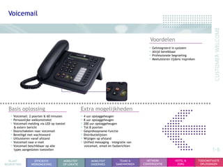 Voicemail


                                                                                               Voordelen
                                                                                              • Geïntegreerd in systeem
                                                                                              • Altijd bereikbaar
                                                                                              • Professionele begroeting
                                                                                              • Meeluisteren tijdens inspreken




  Basis oplossing                                   Extra mogelijkheden
   • Voicemail: 2 poorten & 60 minuten              • 4 uur opslaggeheugen
   • Persoonlijke welkomsttekst                     • 8 uur opslaggeheugen
   • Voicemail-melding via LED op toestel           • 200 uur opslaggeheugen
     & extern bericht                               • Tot 8 poorten
   • Doorschakelen naar voicemail                   • Gespreksopname-functie
   • Beveiligd met wachtwoord                       • Distributielijsten
   • Uitluisteren vanaf afstand                     • Wijzigen op afstand
   • Voicemail naar e-mail                          • Unified messaging – integratie van
   • Voicemail beschikbaar op alle                    voicemail, email en faxberichten
     types aangesloten toestellen                                                                                                        1-6
  KLANT            EFFICIENTE          MOBILITEIT          MOBILITEIT          TEAMS &       NETWERK            HOTEL &          TOEKOMSTVASTE
BEGROETING       WERKOMGEVING          OP LOKATIE          ONDERWEG          SAMENWERKEN   CONVERGENTIE          ZORG             OPLOSSINGEN
 
