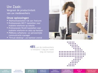 Uw Zaak:
      Vergroot de productiviteit
      van uw medewerkers
      Onze oplossingen
       Telefoontoestellen rijk aan features
       Professionele DECT toestellen voor
        mobiele telefonie op lokatie
       Professionele WLAN toestellen voor
        mobiele telefonie en data op kantoor
       PiIMhony softphone: uw persoonlijke
        communicatie manager
       „Virtual desktop‟: uw kantoor overal
             48%
                                48% van de medewerkers
                                 is minstens 1 dag per week
                                           weg van kantoor




  KLANT       EFFICIENTE     MOBILITEIT    MOBILITEIT     TEAMS &       NETWERK      HOTEL &   TOEKOMSTVASTE
BEGROETING   WERKOMGEVING    OP LOKATIE    ONDERWEG     SAMENWERKEN   CONVERGENTIE    ZORG      OPLOSSINGEN
 